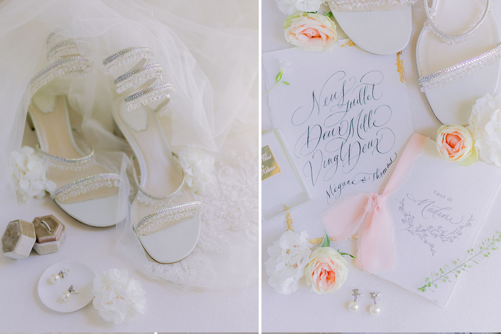 invitation save the date et chaussure sur un flatlay de mariée